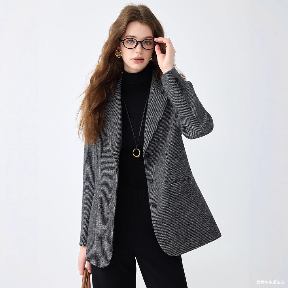 Women Brown Herringbone Tweed Blazer Notched Lapel Single‑Breasted Casual Loose Fall Winter Wool Blend Suit Jacket