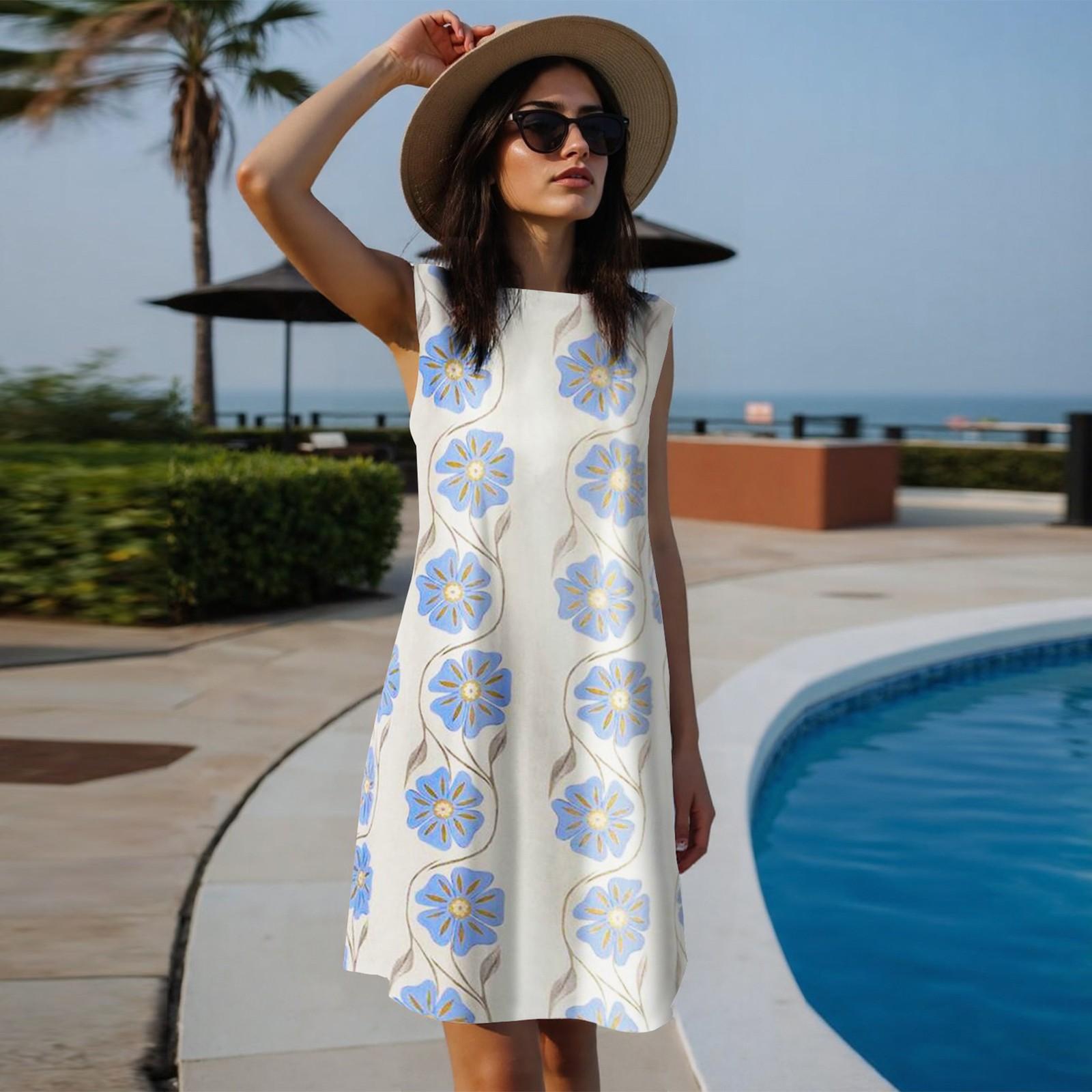 Women s Fashionable Round Neck Sleeveless Straight Tube Floral Print Casual Dress L синий