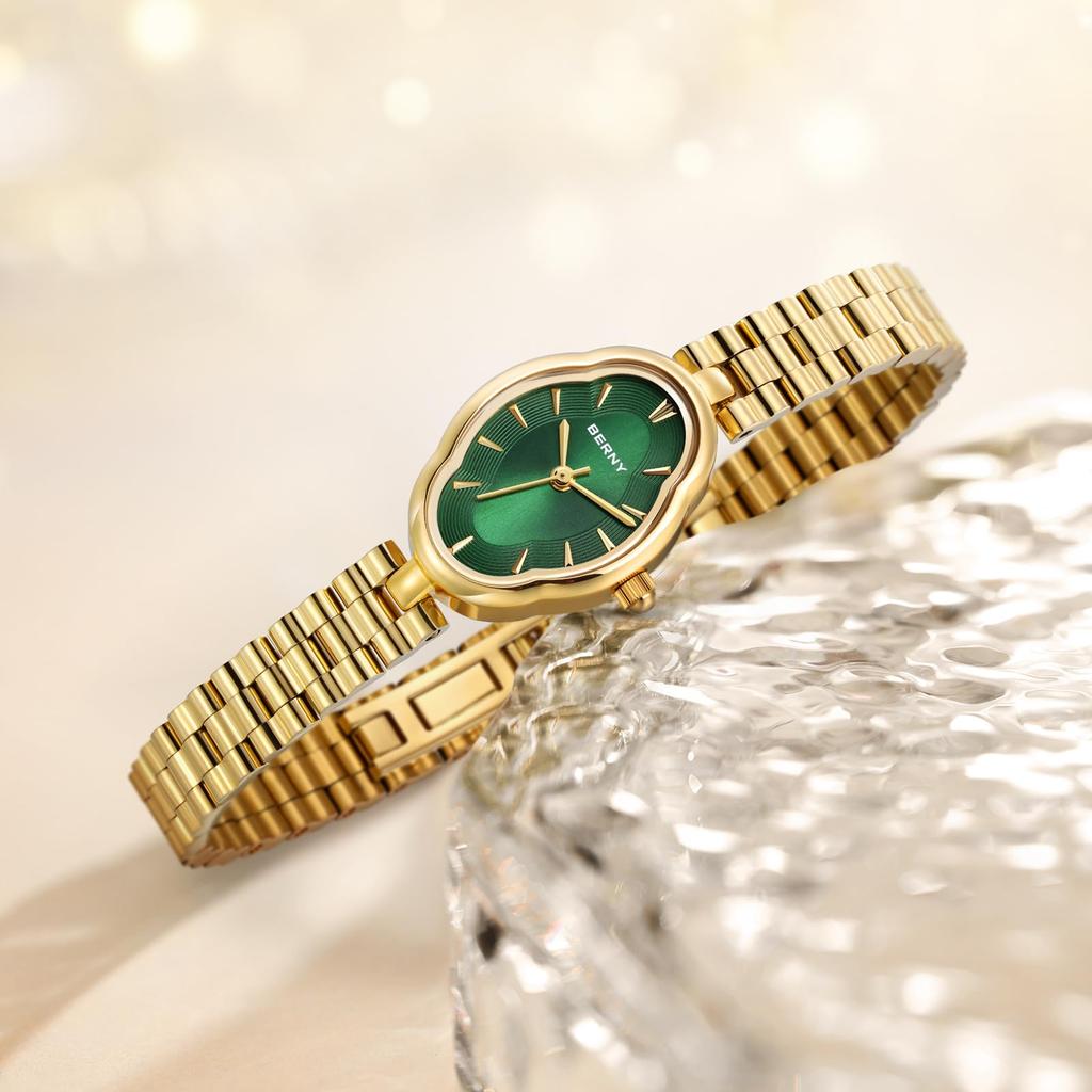 BERNY Watch Ladies Gold Watch Ladies Watch Vintage Copper Mirror Shape Japanese Quartz Movement 3ATM Waterproof All Stainless Steel Fashion Women
