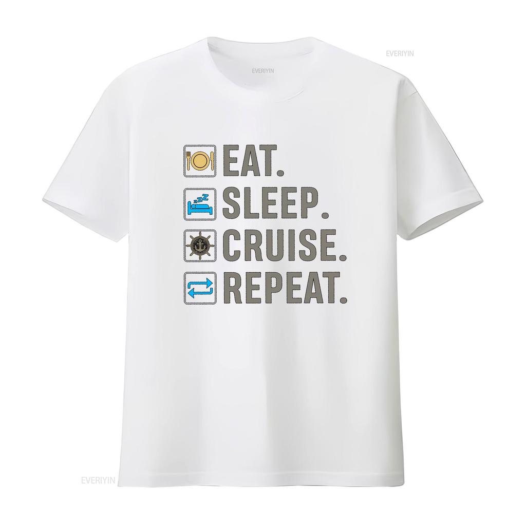 Cruise Holiday T Shirt Eat Sleep Repeat Vacation Vintage Washed Top For Everyday Wear Stretched Unisex Comfortable Versatile