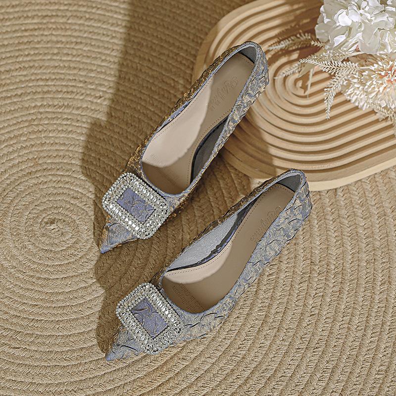 Pointed high heels women's thin heels sexy 2025 new spring and autumn women's shoes pleated satin French temperament small heel shoes