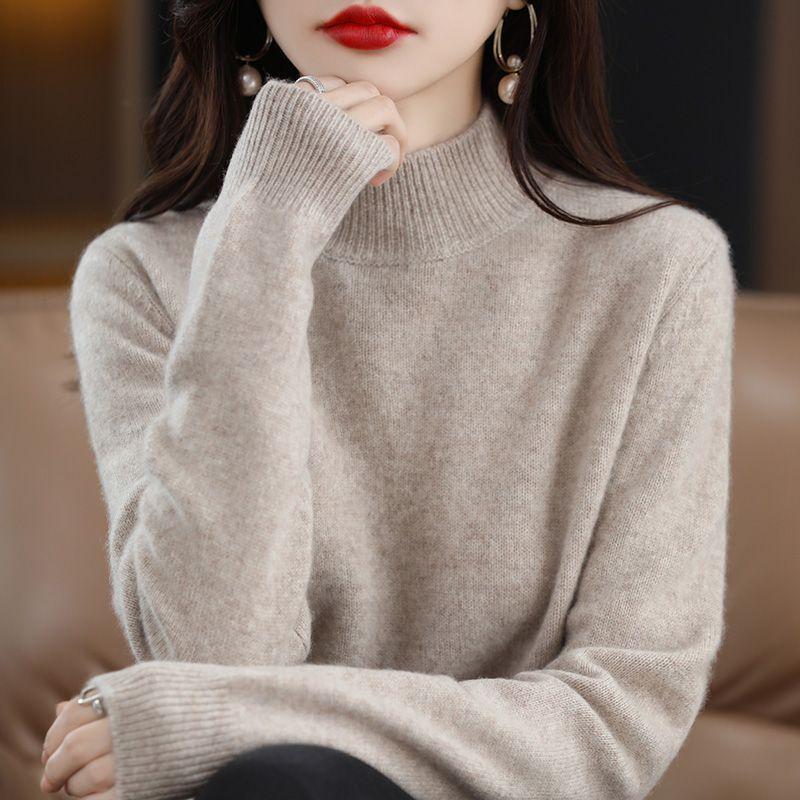Half High Neck Sweater for Women Casual Pullover for Autumn and Winter Solid Color Loose Long Sleeved Knitted Sweater