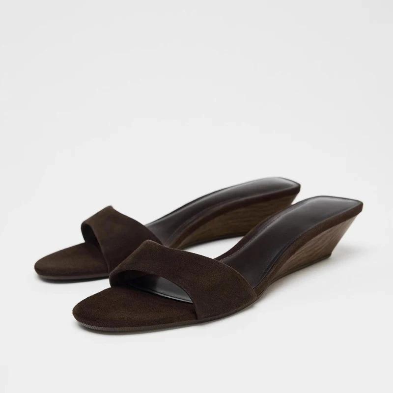 Light Luxury Wedge Sandals Fashion Simple Textured High-heeled Open-toed Sandals Brand Design Lady Versatile Solid Color Sandals