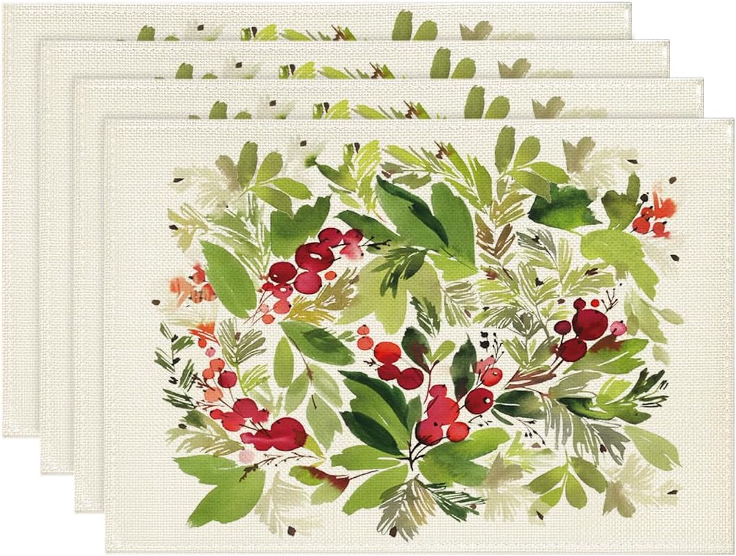 

Watercolor Holly Christmas Placemats Set of 4 12x18 Inch Winter Xmas Holiday Table Mats for Party Kitchen Dining Decor 4pcs