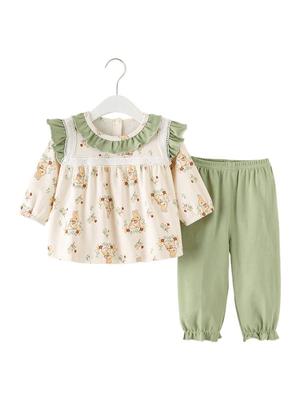 Mori Style Pure Cotton Outdoor Two-Piece Set for Toddler Girls - Cute and Fashionable Spring & Autumn Outfit