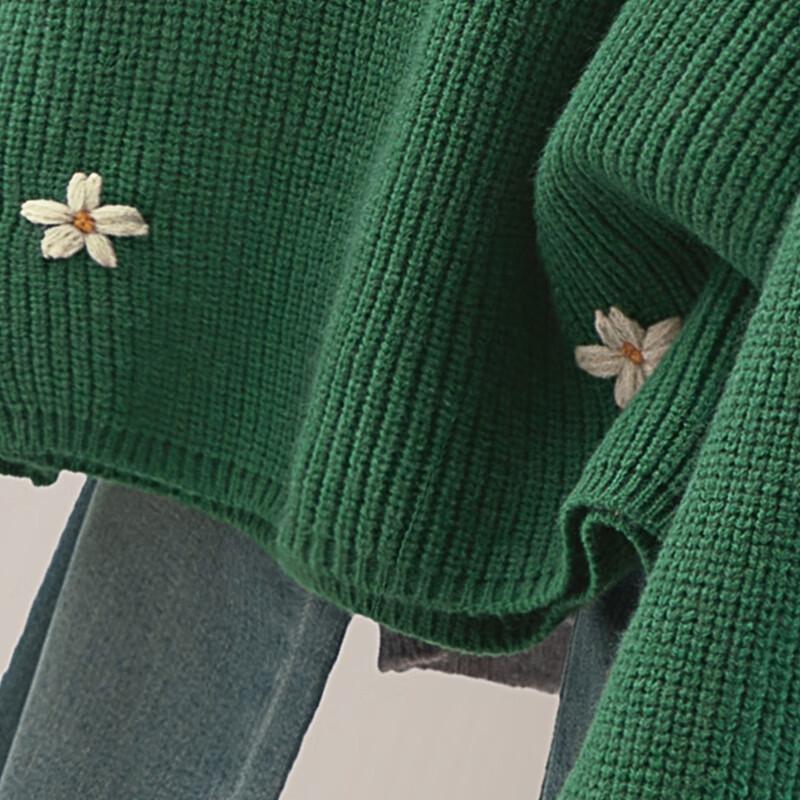 Women's Embroidered Botanical Relaxed Fit Round Neck Sweater