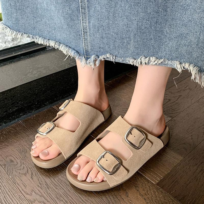 Foreign trade big summer new versatile flat bottom one word with square buckle thick-soled beach sandals large size cool slippers