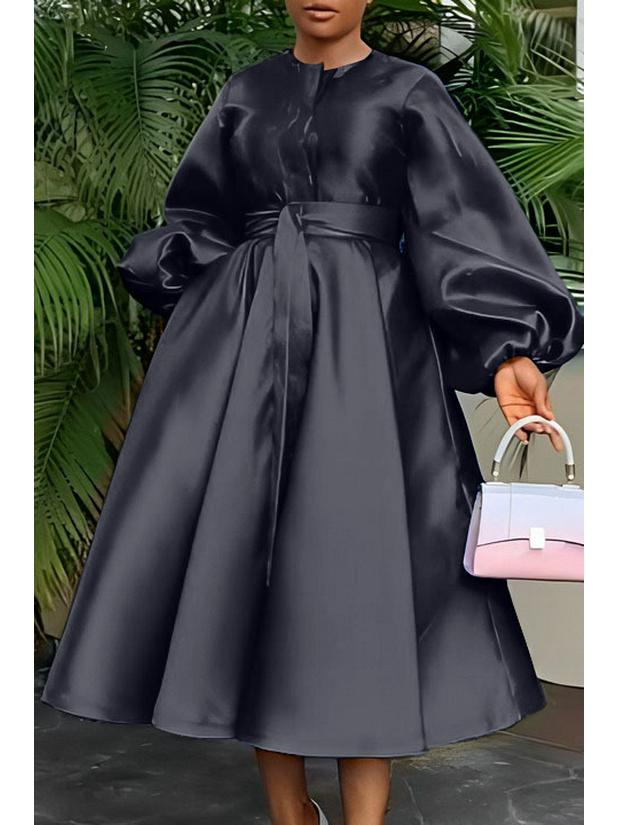 European & American Women's Solid Color Shiny Lantern Sleeve Dress