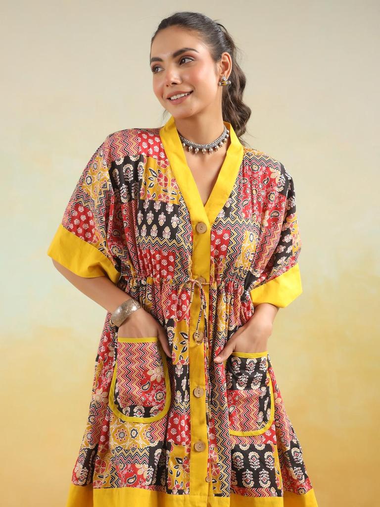 Hand block printed cotton top tunic kaftan handPrinted cotton w/pockets tunic loose fitting free size tunic RedYellow Kaftan Limited edition