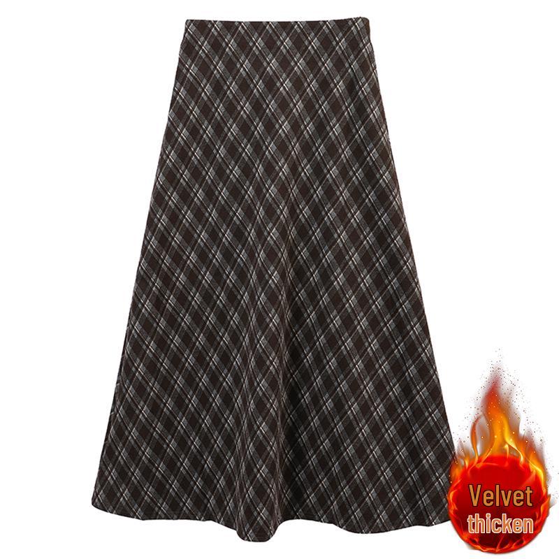 Feiyuan Retro Plaid Woolen A-line Skirt - Women’s High Waist Autumn/Winter Fashion Large (L)