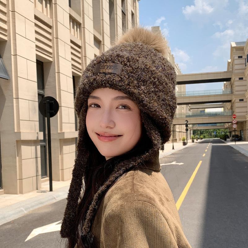 Autumn and Winter Plush Hat Women's Plush Warm Ear Protection Knitted Wool Hat Shows the Face Small Versatile Pullover