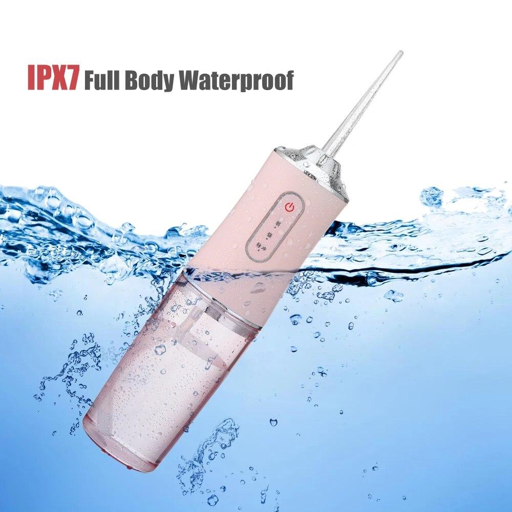 Munddusche, tragbare Dental-Wasserflosser, USB wiederaufladbar, Wasserstrahl, Zahnseide, Zahnstocher, 4 Düsenspitzen, 220 ml, 3 Modi, IPX7, 1400 U/min