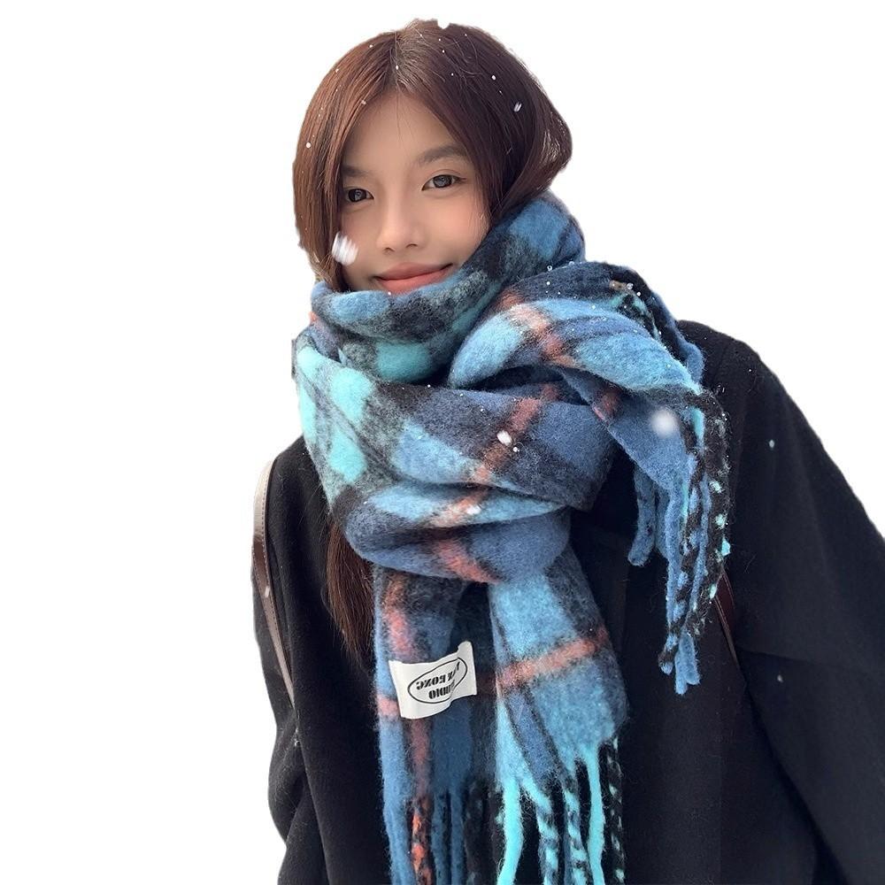 Korean drama atmosphere blue scarf women's winter extended warm imitation cashmere scarf male student plaid windproof shawl