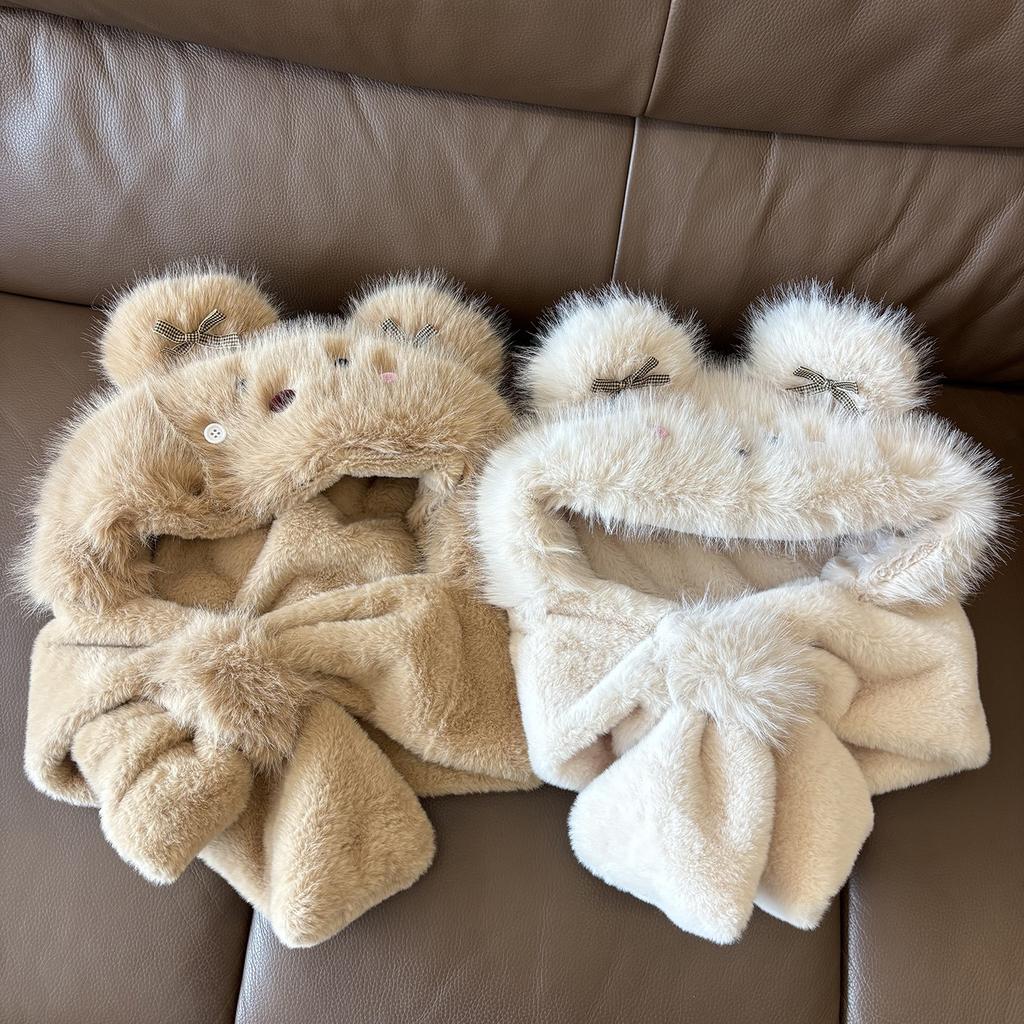 Cute Bear Ears Will Move Plush Hat, Scarf Integrated Women'S Winter Thickened Warm And Cold Ear Protection Lei Feng Hat