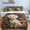 Bettwäsche mit Blätter- und Bichon-Muster, Heimdekoration, Geburtstagsgeschenk (1 Bettbezug + 2 Kissenbezüge, ohne Füllung)