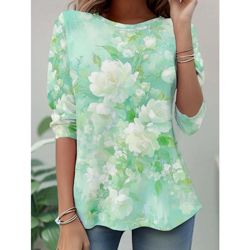 Women's T Shirt Print Floral Graphic Plants Stylish Classic Modern Long Sleeve Crew Neck Long Tops