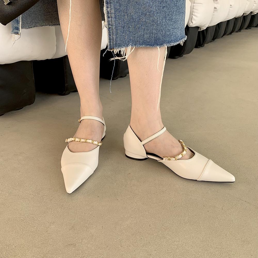 fashion Pointed Toe Women Flats Loafers Metal Chain Black Beige Wine red Dress Shoes Flat Low Heels Elegant Office Ballet Dance Mules