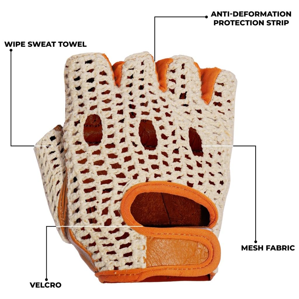 Kango Fitness Real Soft Leather Mesh Net Fingerless Driving Gloves for Weight Training, Cycling, and Wheelchair Use (W-1037) (Size Small)