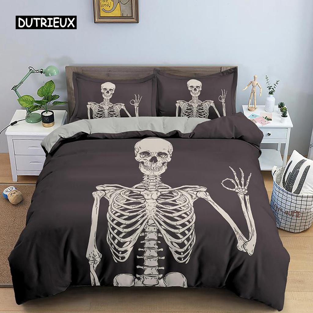Skeleton Duvet Cover Set Microfiber Bedding Set Twin Size Halloween Funny Skeleton Skulls Bones Comforter Cover for Kids Teens