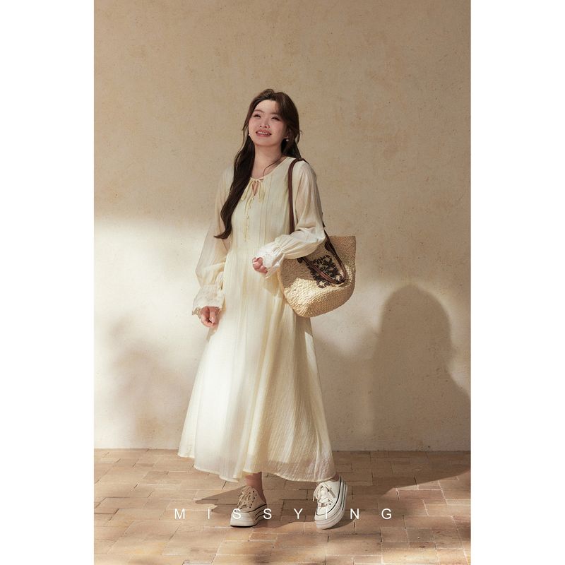 

Miss Ying s Plus-Size Women s Clothing [Microglow Jasmine] French Retro Dress, New Spring Style Long-Sleeve Lyocell Dress Beige M