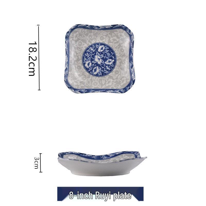 Set de 4 farfurii ceramice japoneze alb-albastru, de 8 inch: Include farfurie adâncă, farfurie pentru orez și farfurie pentru friptură.