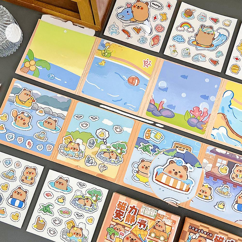 Capibara Theme DIY Sensory Quiet Book for Girls No-Cut Busy Book Fine Motor Skills Toy Reusable Sticker Squeeze Sensory Bean Bag Book for Kids