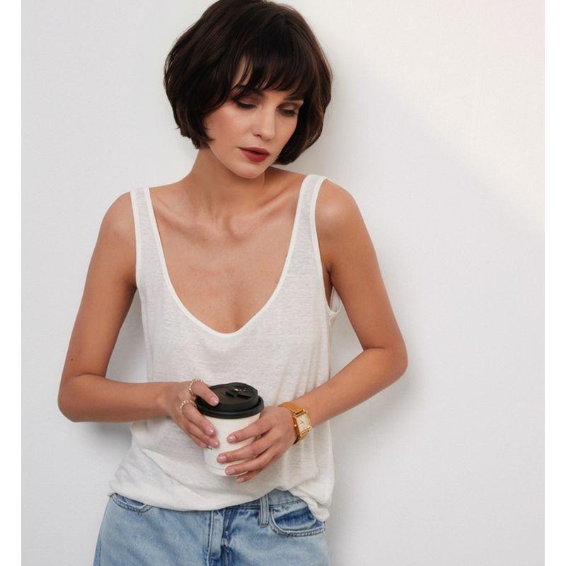 Linen French Style UK Spaghetti Strap Cotton Top Cami Sexy White U Collar Thread Export Brown