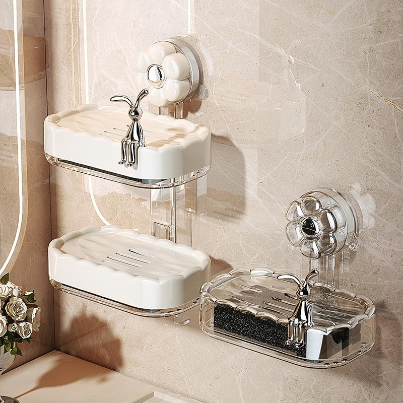 Suction Cup Soap Box, Wall-mounted Soap Box, Shelf, No Need for Drilling, Home Bathroom, Draining, Double-layer Bathroom Storage