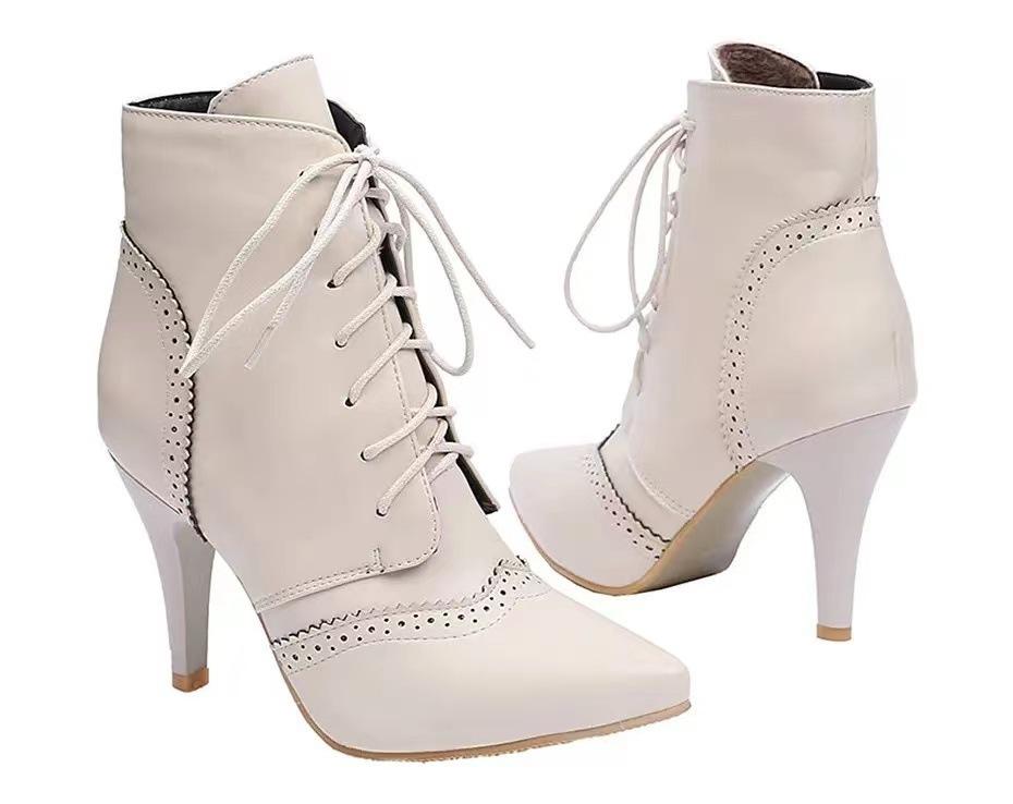 Nové evropské a americké módní všestranné retro duté hořící květinové přední šněrovací dámské kotníkové boty na vysokém podpatku