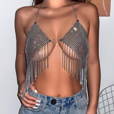 Sexy kočky ručně dělané síťované flitrové bikiny tělový řetízek plážová streetová móda třásně srdce hrudní řetízek