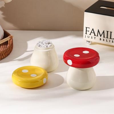 1pc Cute Mushroom Ceramic Dental Swab Tube Cotton Swab Jar Home Living Room Dental Floss Box, Desktop Storage Bottle