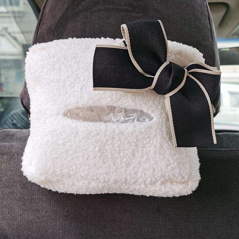 Car Tissue Boxes Panda Bow Plush Accessories Backseat Hanging Tissue Bag Box Holder Hanger Cover Auto Toys Interior Decoration