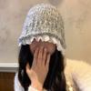 Lazy wind gray knitted hat women's autumn and winter literary lace wool bucket hat showing small face warm pot hat