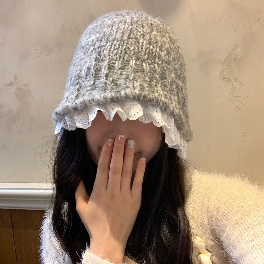 Lazy wind gray knitted hat women's autumn and winter literary lace wool bucket hat showing small face warm pot hat