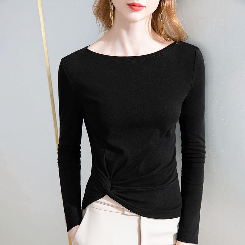 Long-sleeved T-shirt for Women In Spring and Autumn New Women's Clothing Irregular Hem Pleats Chic One-shoulder Solid Color Top