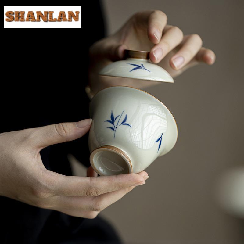 120ml Hand-painted Bamboo Ceramic Gaiwan Antique Clay High Footed Tea Tureen Zen Tea Maker Cover Bowl Chinese Tea Set Craft Gift