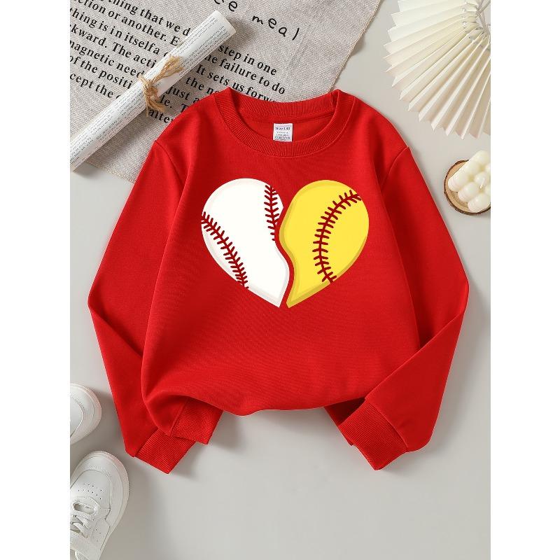 Girls' Long-Sleeve Casual Crewneck Sweatshirt | Baseball Softball Heart Design, Suitable For Outdoor Sports And