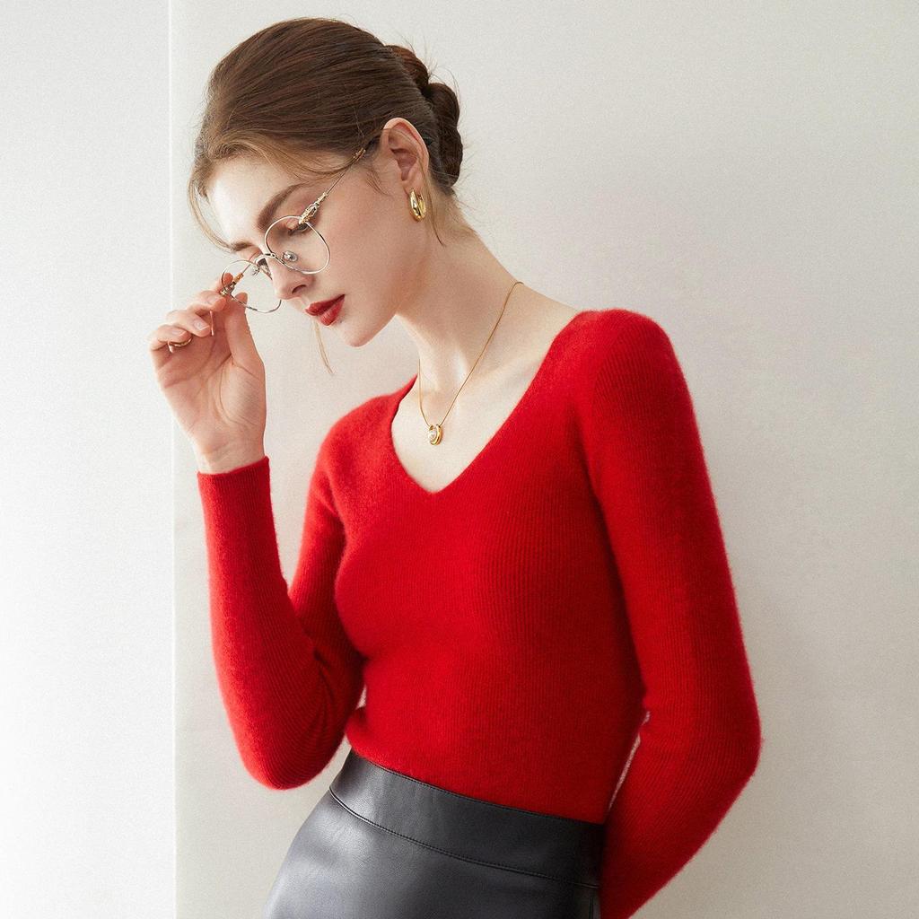 Women's 100% Pure Cashmere V-neck Seamless Ribbed Slim-fit Sweater