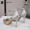 2024 Ladies Silk Champagne Shoes Ankle Strap Sandals Woman Narrow Band High Heels Stilletto Wedges Pumps OL Dress Party Sandalia