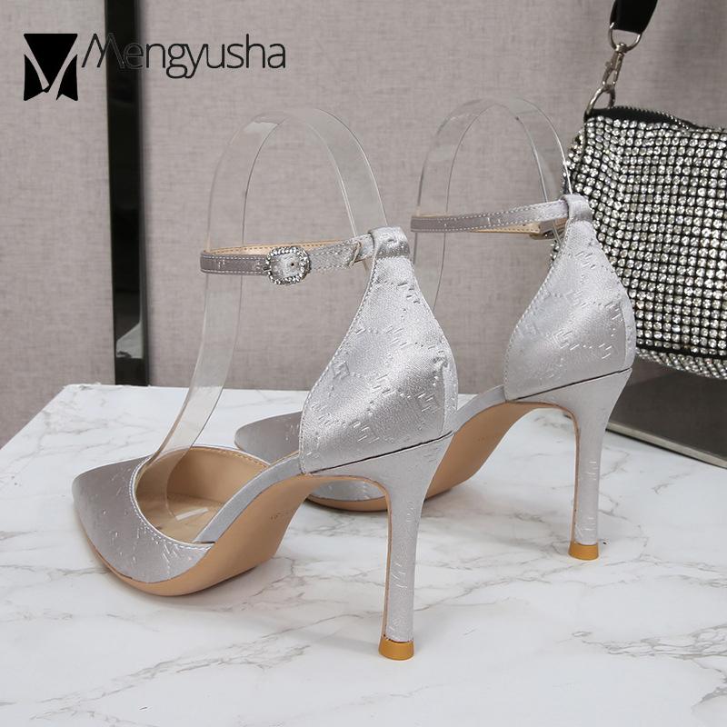 2024 Ladies Silk Champagne Shoes Ankle Strap Sandals Woman Narrow Band High Heels Stilletto Wedges Pumps OL Dress Party Sandalia