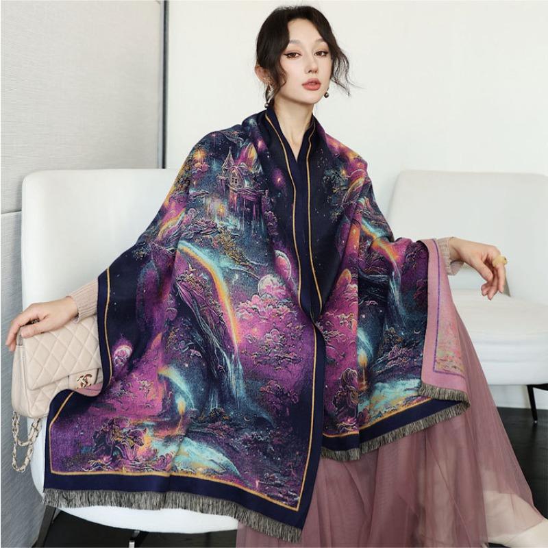 Dream World oil painting scarf women's autumn and winter new imitation cashmere shawl temperament with warm shawl scarf