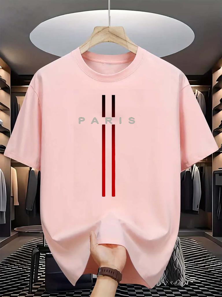 Men's 100% pure cotton summer casual loose fashion Paris letter printed comfortable round neck short sleeved T-shirt top