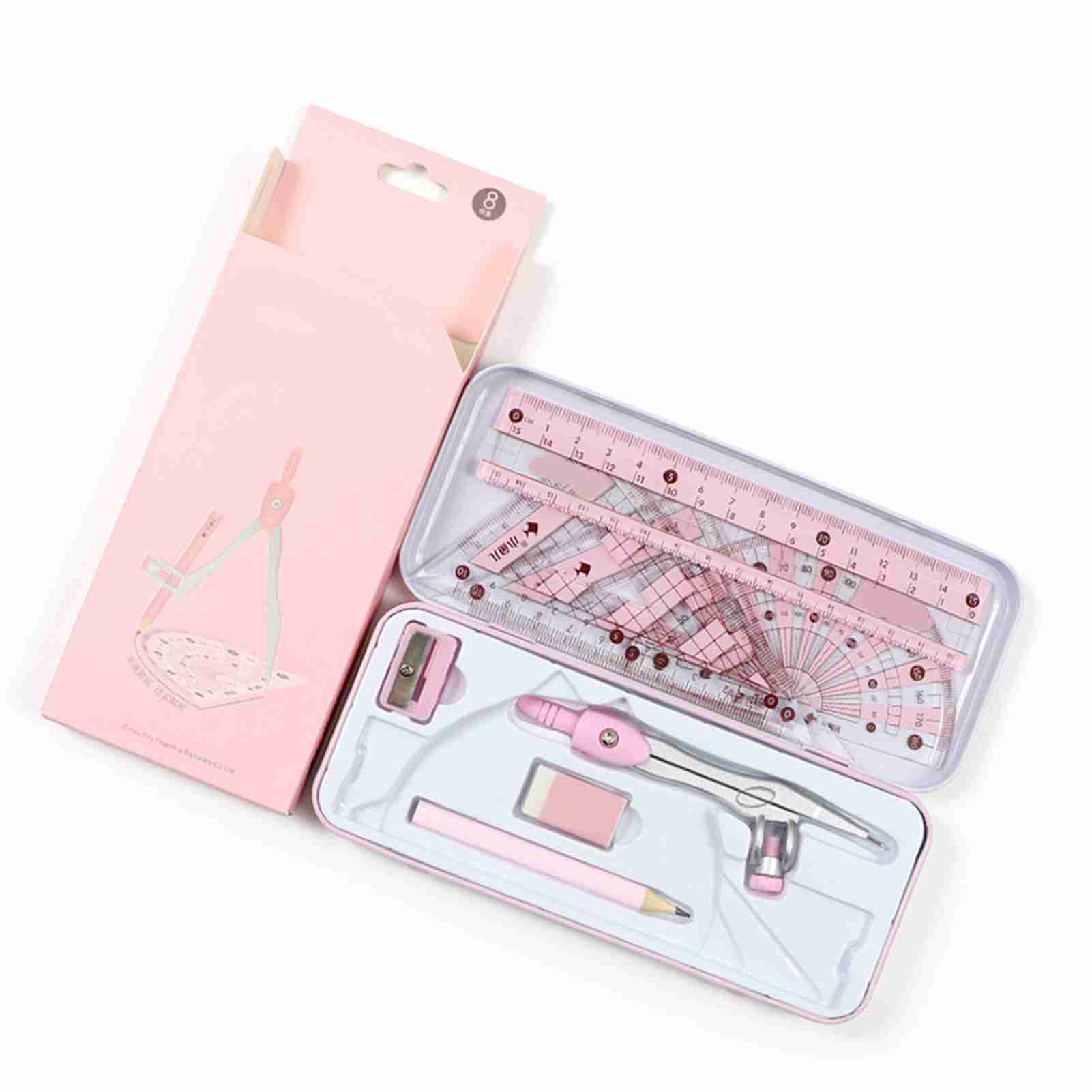

8 Pieces Math Geometry Kit Student Supplies Includes Rulers, Protractor, Compass, Pencil, Eraser Engineering Drawings розовый