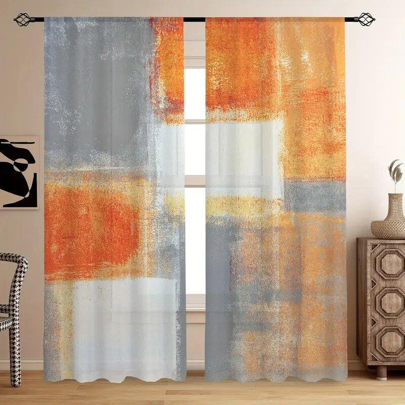 

2pcs -Graffiti in orange and grey print curtains pole bag curtains home decoration room decoration 100*130 Grommet Top 1pcs