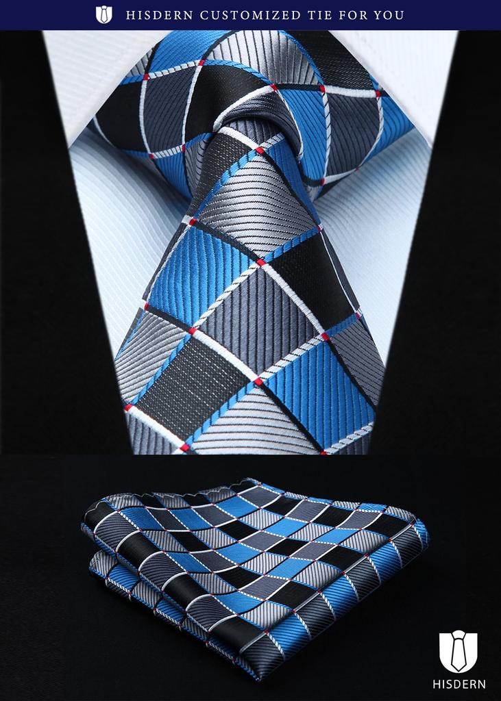 [HISDERN] Business Tie Set of 5, Stylish, with Pocket Square, Men's, Wedding, Yellow, Blue Stripe, Job Hunting, Brand, Gift T5-01