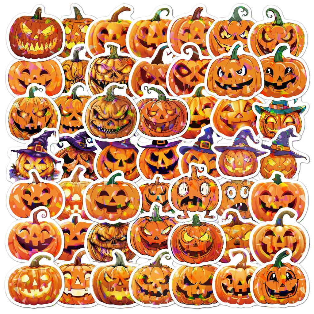 50 pcsLaser Halloween Stickers Pumpkin Sticker Holographic Laser Flash Sticker for Gifts Cups Waterproof Halloween Stickers