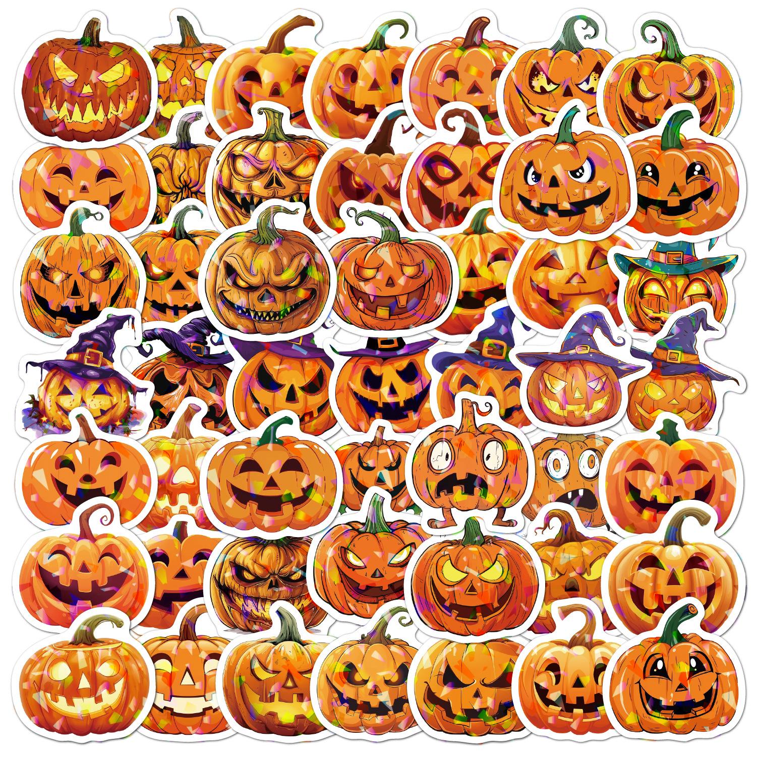 50 pcsLaser Halloween Stickers Pumpkin Sticker Holographic Laser Flash Sticker for Gifts Cups Waterproof Halloween Stickers about 4cm