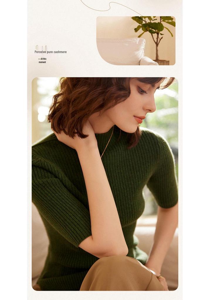Women's Slimming High-Neck Cashmere Sweater - Half-Sleeve, Five-Gauge Knit, Spring Slim-Fit