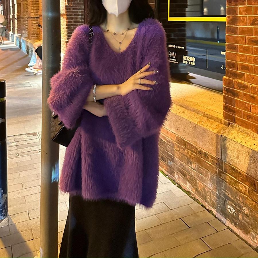 Осеннее свободное пальто из искусственного меха с V-образным вырезом, ленивый стиль, женское, новое, фиолетовое, французский стиль, модный корейский топ One Size