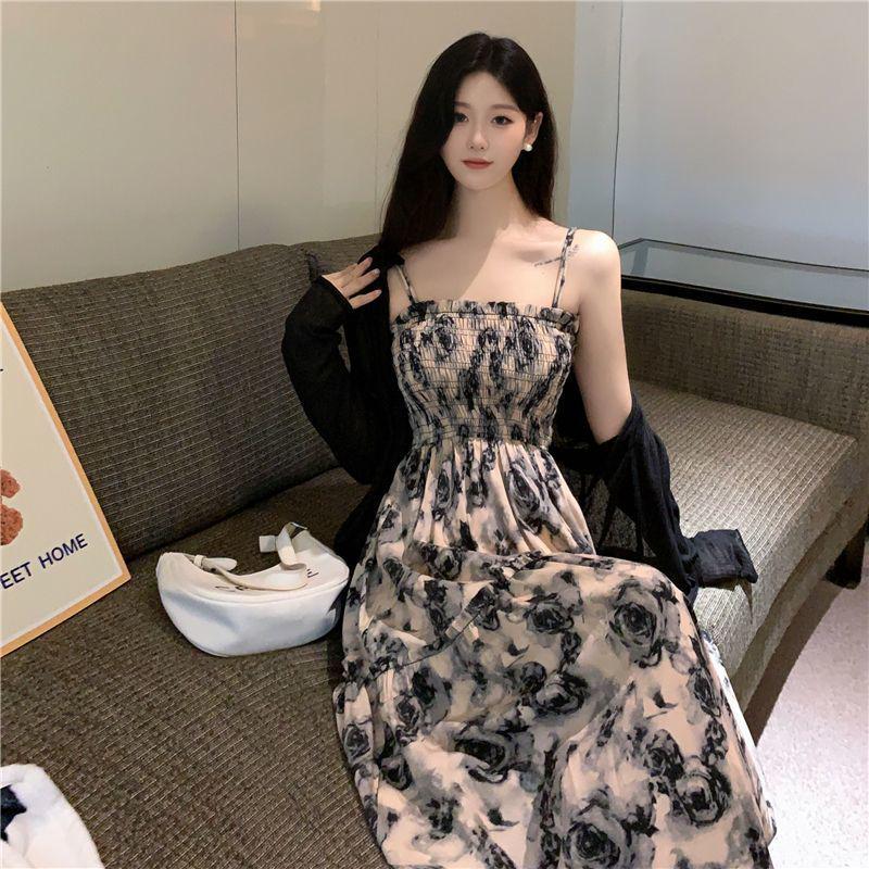 Plus Size French Floral Camisole Dress with Cardigan, Slimming Summer Long Dress for 2026